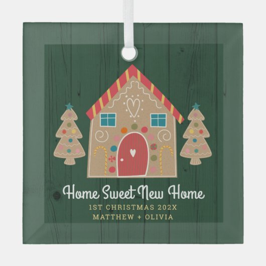 Groen Hout Gingerbread Nieuw Huis Eerste Kerstmis Glas Ornament (Voorkant)