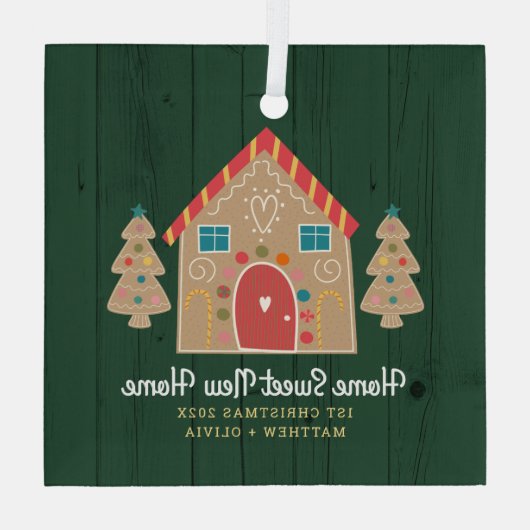 Groen Hout Gingerbread Nieuw Huis Eerste Kerstmis Glas Ornament (Achterkant)