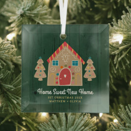 Groen Hout Gingerbread Nieuw Huis Eerste Kerstmis Glas Ornament