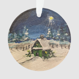 Groen huisje in de sneeuw ornament