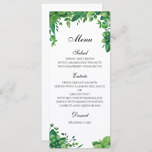 Groen huwelijksmenu buiten. Zomer diner menu (Voorkant / Achterkant)