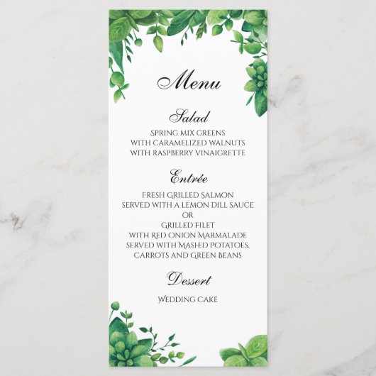 Groen huwelijksmenu buiten. Zomer diner menu (Voorkant)