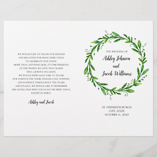 Groen huwelijksprogramma. Zomerkerkceremonie (Voorkant)