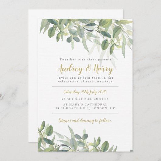 Groen Huwelijksuitnodiging met eucalyptus Kaart (Voorkant / Achterkant)