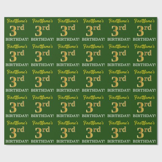 Groen, Imitatie Goud Kijk "3e VERJAARDAG" Cadeaupapier (Vlak)