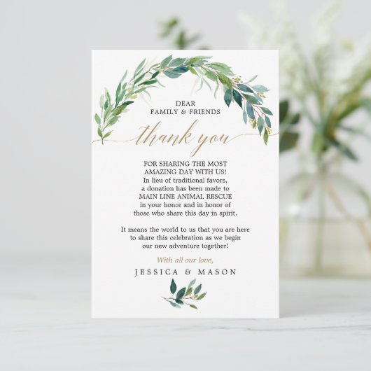 Groen in plaats van bruiloftsgeschenken Bedankkaar Aankondiging (Staand voorkant)