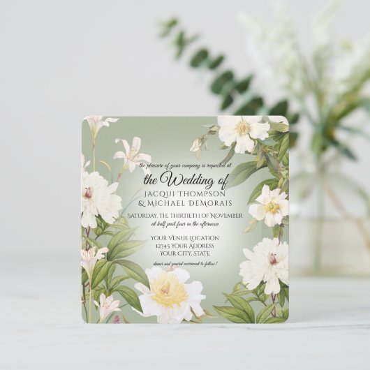 Groen in White Rose Peony Botanical Floral Wedding Kaart (Staand voorkant)