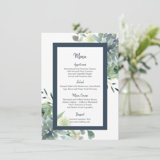 Groen & Indigo Blauw Succulenten Witte bloemen Men Menu (Staand voorkant)