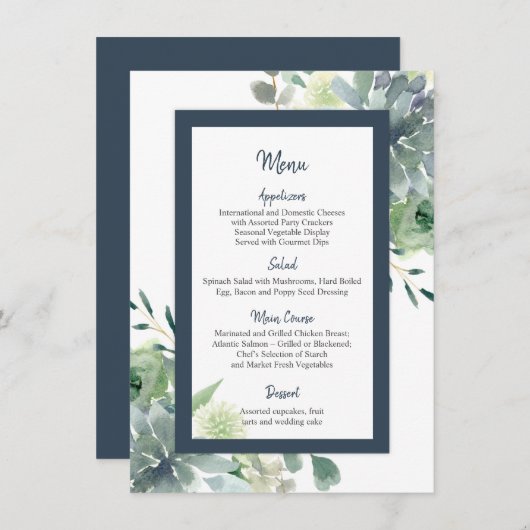 Groen & Indigo Blauw Succulenten Witte bloemen Men Menu (Voorkant / Achterkant)