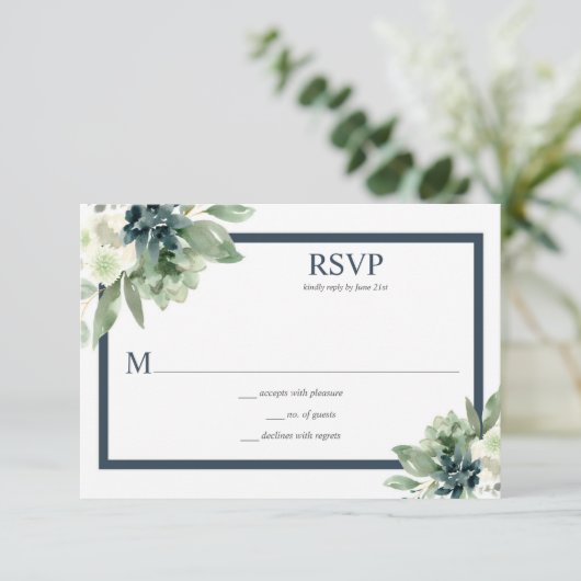 Groen & Indigo Blauwe Waterverf Succulenten RSVP Kaartje (Staand voorkant)