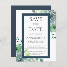 Groen & Indigo Succulenten Witte Bloemen Bruiloft Kaart