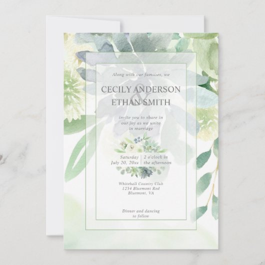 Groen & Indigo Succulenten Witte Bloemen Bruiloft Kaart (Voorkant)