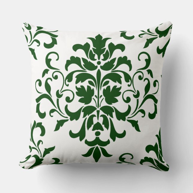 Groen is er. Elegant Green Floral Damask op wit Kussen (Voorkant)