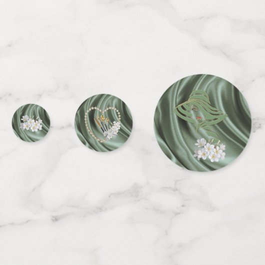 Groen, ivoor, blauw, gouden zijde en oorspuwen confetti (Voorkanten)