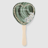 Groen, ivoor, blauw, gouden zijde en parels handwaaier (Voorkant)