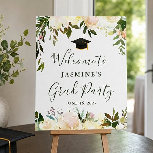 Groen Ivoorwit Bloemig Afstudeerfeest Bord Poster