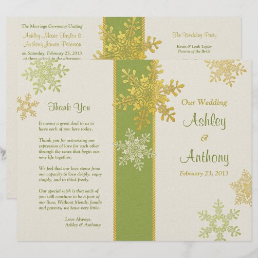 Groen Ivory Gold Snowflake Winter Weddenprogramma (Voorkant / Achterkant)