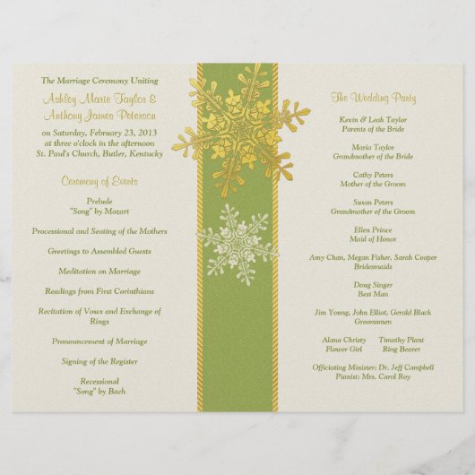 Groen Ivory Gold Snowflake Winter Weddenprogramma (Achterkant)