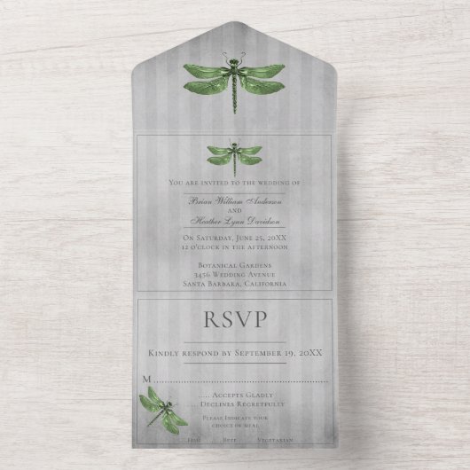 Groen Jeweled Dragonfly Bruiloft All In One Uitnodiging (Binnen)