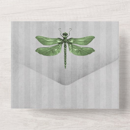 Groen Jeweled Dragonfly Bruiloft All In One Uitnodiging (Achterkant)
