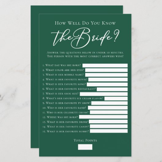 Groen Ken je de bruid goed douche spel (Voorkant / Achterkant)