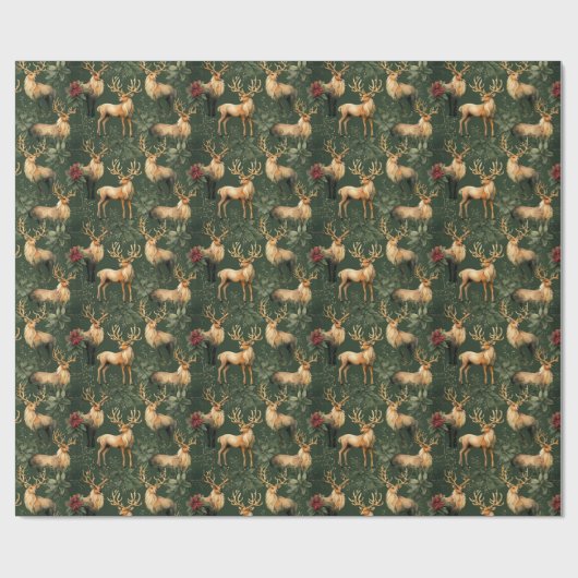 Groen Kerst Majestic Reindeer Wrapping Paper Cadeaupapier (Vlak)