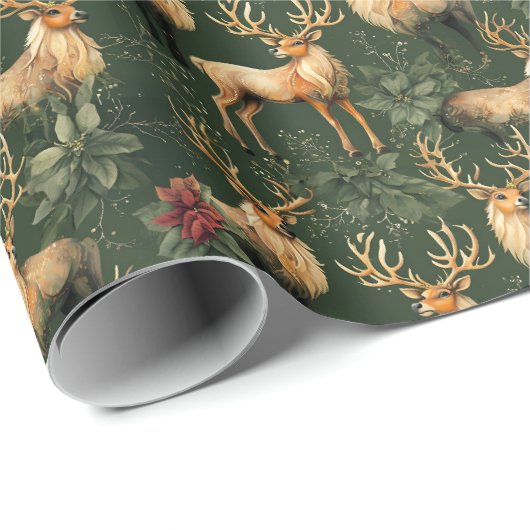 Groen Kerst Majestic Reindeer Wrapping Paper Cadeaupapier (Rol Hoek)