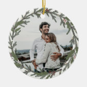 Groen kerstfeest met foto's en groeten keramisch ornament (Voorkant)