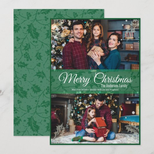 Groen Kerstmis Holly Leaf Groen Lijst 2 Foto Feestdagenkaart (Voorkant / Achterkant)