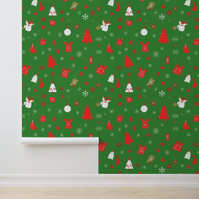 Groen kerstpatroon met rode accenten behang (Applicatie)