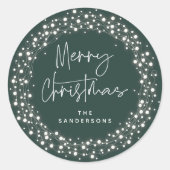 Groen kerstscript met mousserende lichten ronde sticker (Voorkant)