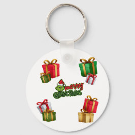 Groen Kerstwezen met Cadeaoboxen Sleutelhanger