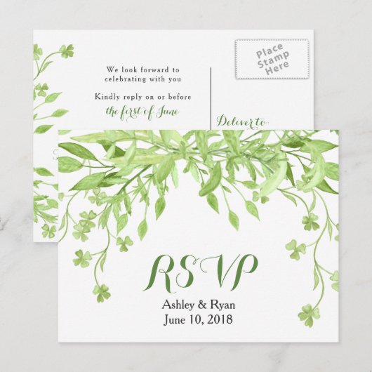Groen Klaver Bloemen Bruiloft RSVP Uitnodiging Briefkaart (Voorkant / Achterkant)