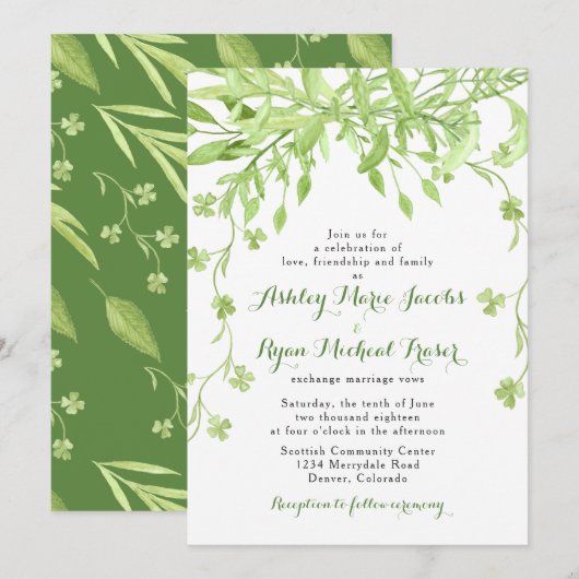 groen klaver bloemenbruiloft uitnodiging (Voorkant / Achterkant)