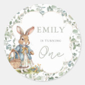 Groen Konijn Meisje Baby's eerste verjaardag Ronde Sticker (Voorkant)