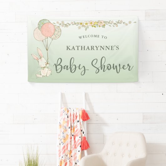 Groen  Konijntje Rustiek Bloemen Baby shower Spandoek (Insitu)