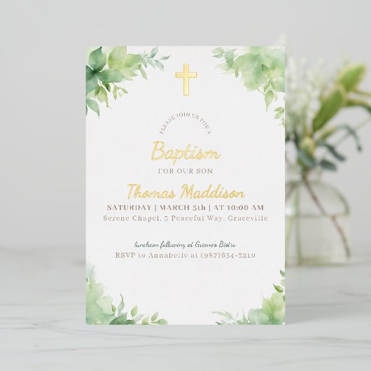 Groen Kruis en groen Doop Folie Uitnodiging (Staand Voorkant)