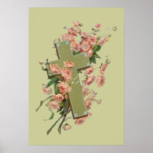 Groen kruis met roze bloemen poster