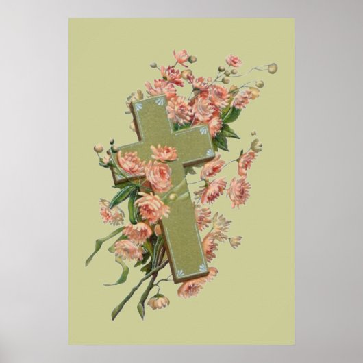 Groen kruis met roze bloemen poster (Voorkant)