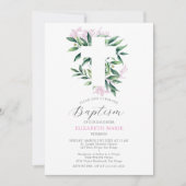 groen kruis roze botanische baby meisje doop kaart (Voorkant)