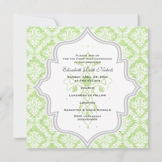 Groen Kruis witte damast burlap Eerste Communie Kaart (Voorkant)