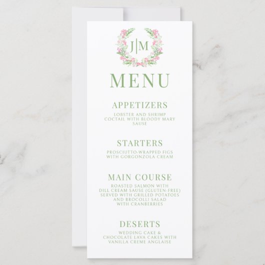 groen laat roze bloemen monogram bruiloft menu (Voorkant)