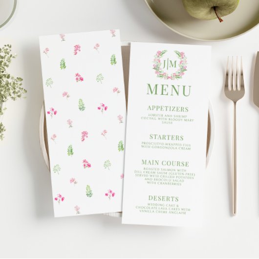 groen laat roze bloemen monogram bruiloft menu