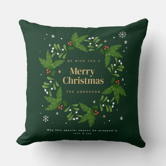 Groen Laat Sneeuwvlok Vrolijk Kerstfeest Kussen (Voorkant)