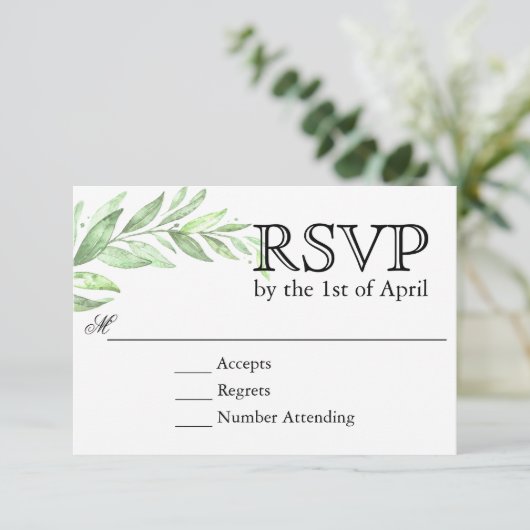 Groen Laurel Wreath Bruiloft RSVP (Staand voorkant)