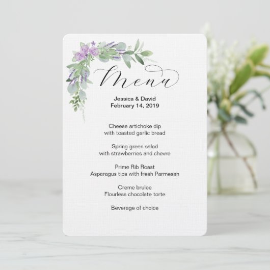 Groen & Lavendel Bruiloft Menu (Staand voorkant)