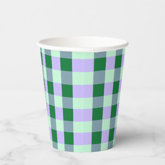 Groen & Lavendel Gingham Strepen Karo Patroon Papieren Bekers (Rechts)