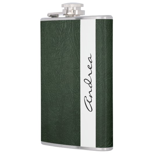 Groen leder, ledertextiel, Jouw naam Heupfles (Links)