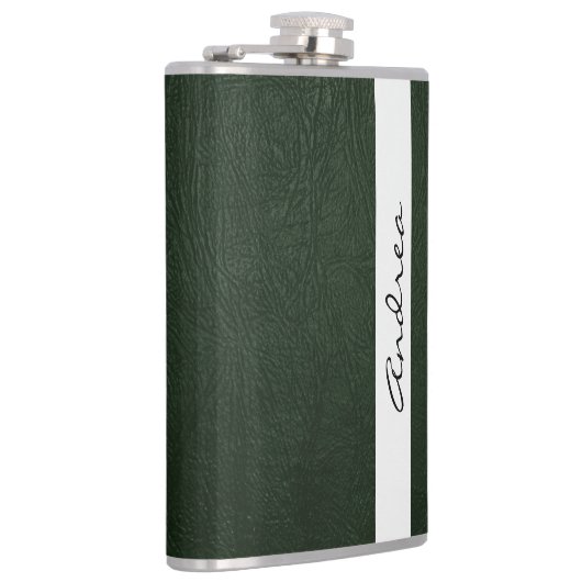 Groen leder, ledertextiel, Jouw naam Heupfles (Rechts)