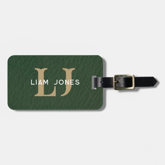 Groen Lederen Initialen Monogrammed Modern  Bagagelabel (Voorkant horizontaal)